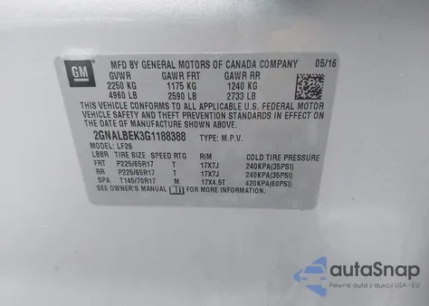 2016 Chevrolet Equinox Ls из США, поврежденный, VIN 2GNALBEK3G1188388